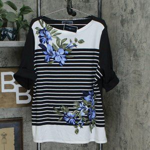 NWT Floral Striped Knit Top 3X Deep Black / White